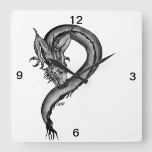 ドラゴン黒と白のデザイン スクエア壁時計