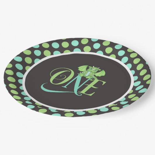 ドラゴン1歳の誕生日プレートグリーン/ブルー/グレー ペーパープレート (アングル)