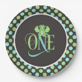 ドラゴン1歳の誕生日プレートグリーン/ブルー/グレー ペーパープレート (正面)