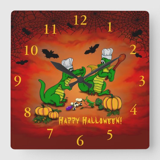 ドラゴン – ハッピーハローウィン!今日は調理師 スクエア壁時計 (正面)