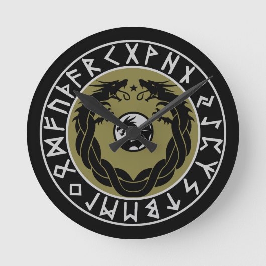 ドラゴン+バイキング+ルーン保護 ラウンド壁時計 (正面)