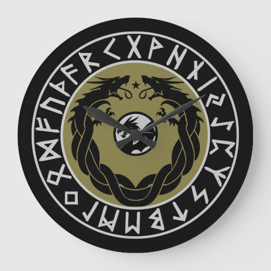 ドラゴン ヴァイキング ルーン 保護 ラージ壁時計 (正面)
