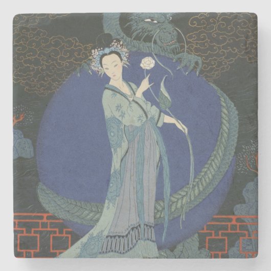 ドラゴン(色のlitho)を持つ女性 ストーンコースター (正面)