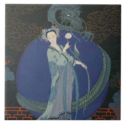 ドラゴン(色のlitho)を持つ女性 タイル (正面)