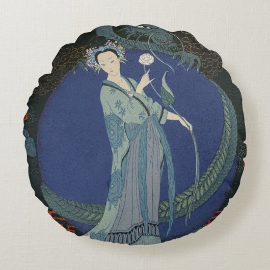 ドラゴン(色のlitho)を持つ女性 ラウンドクッション (正面)