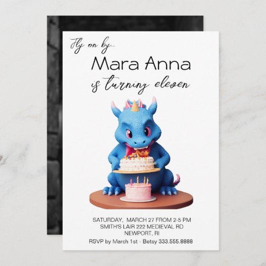 *~*ドラゴン。AP88ベビーケーキフォトバースデーパーティー 招待状 (正面/裏面)