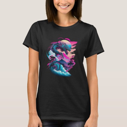 ドラゴンVAPORWAVE抽象芸術ランドスケープ月の木の水 Tシャツ (正面)