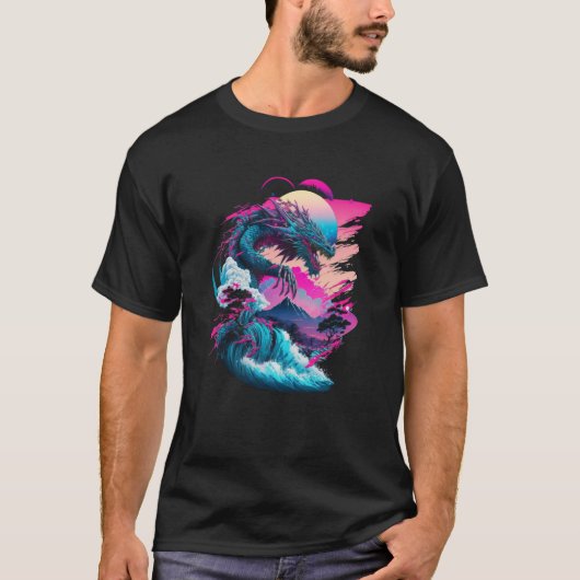 ドラゴンVAPORWAVE抽象芸術ランドスケープ月の木の水 Tシャツ (正面)
