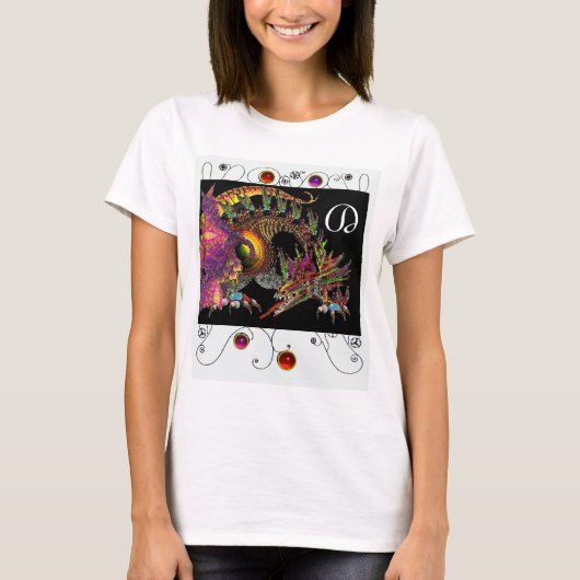 ドラゴ/ファンタジードラゴン，金ゴールド紫ブラックモノグラム Tシャツ (正面)