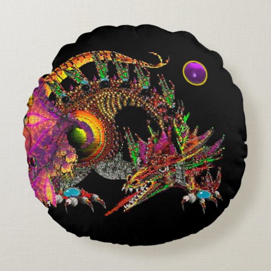 ドラゴ/ファンタジー金ゴールドドラゴン,紫ブラックモノグラム ラウンドクッション (正面)