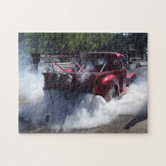 ドラッグ競争のパズルの煙る赤い積み込み ジグソーパズル (横)