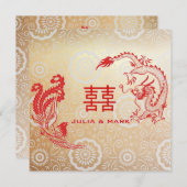 ドラッモダン結婚グフェニックス中国のの金ゴールド赤 招待状 (正面/裏面)