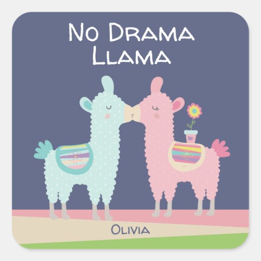 ドラマなしラマ可愛いピンククールブルー学名 スクエアシール (正面)