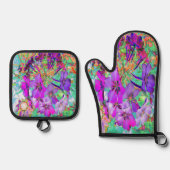 ドラマチサイケデリックカルなマゼンタと紫の花 鍋つかみ&鍋敷きセット (正面)