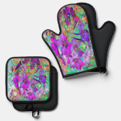 ドラマチサイケデリックカルなマゼンタと紫の花 鍋つかみ&鍋敷きセット (正面/裏面)