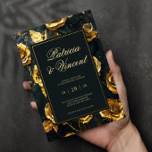 ドラマチックなゴールドローズのブラックウェディング招待状 招待状