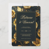 ドラマチックなゴールドローズのブラックウェディング招待状 招待状 (正面)