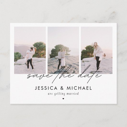 ドラマチックなシックなスクリプト3フォトコラージュ日付を保存 ポストカード (正面)