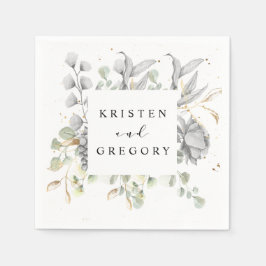 ドラマチックなシルバーゴールドの花モノグラムのウェディング スタンダードカクテルナプキン