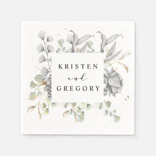 ドラマチックなシルバーゴールドの花モノグラムのウェディング スタンダードカクテルナプキン (正面)