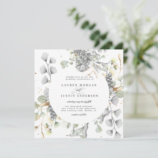 ドラマチックなシルバーゴールドの花柄スクエア結婚式 招待状 (スタンド正面)