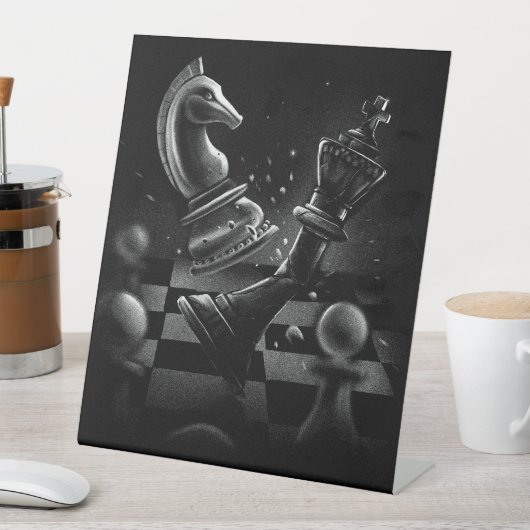 ドラマチックなチェスの戦い – 騎士と馬 台座サイン (インサイチュ)