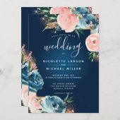 ドラマチックなネイビーブルーと赤面フローラボホグリッター 招待状 (正面/裏面)