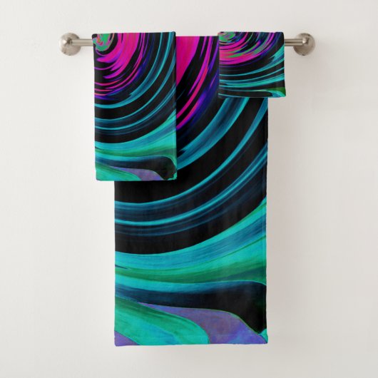 ドラマチックなブラックとターコイズ抽象芸術レトロTwirl バスタオルセット (インサイチュ)