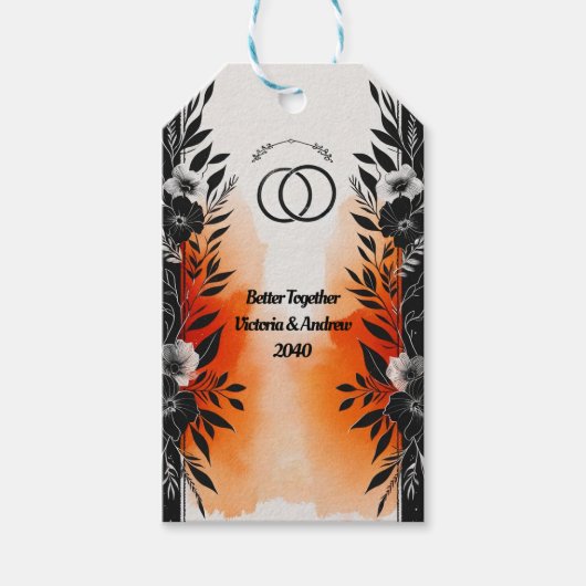 ドラマチックな水色ブラックオレンジ結婚フローラ ギフトタグ (正面)