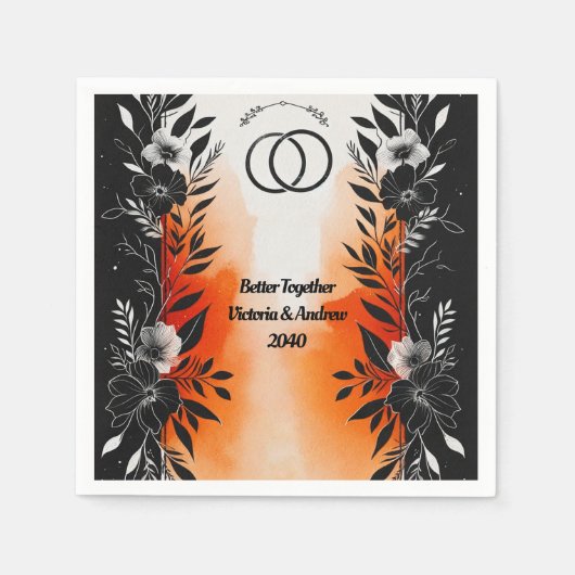 ドラマチックな水色ブラックオレンジ結婚フローラ スタンダードカクテルナプキン (正面)