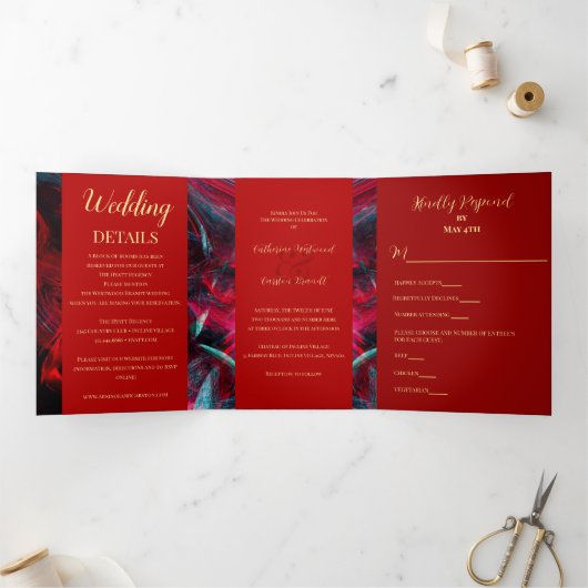 ドラマチックな赤と黒結婚の 三つ折り招待状 (内部)