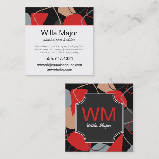 ドラマチックな赤、黒、ベージュ抽象芸術モノグラム スクエア名刺 (正面/裏面)