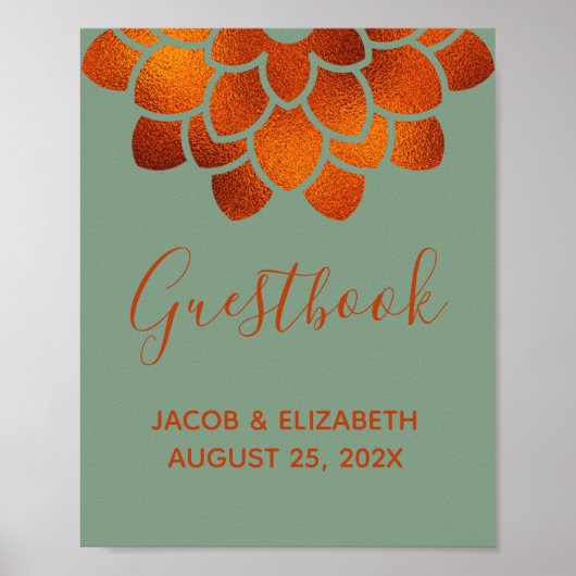 ドラマチックな銅の花のバジルグリーン 結婚式ゲストブック ポスター (正面)