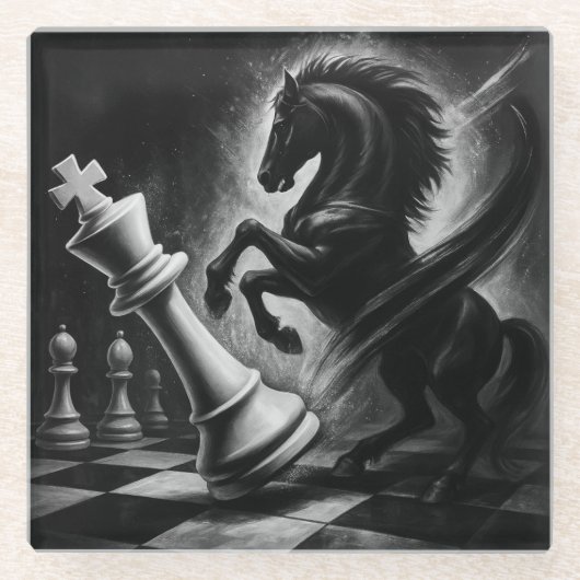 ドラマチックな黒馬vs.キング – チェスはっきりしたのアートワーク ガラスコースター (正面)
