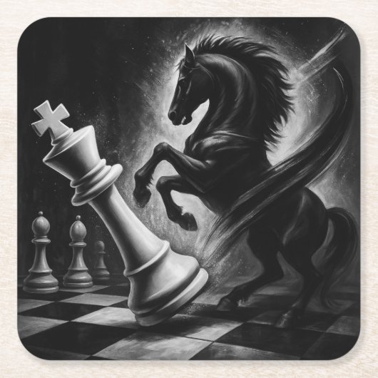 ドラマチックな黒馬vs.キング – チェスはっきりしたのアートワーク スクエアペーパーコースター (正面)