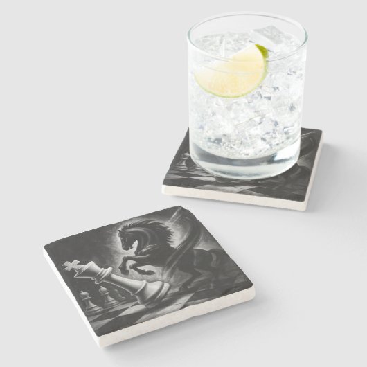 ドラマチックな黒馬vs.キング – チェスはっきりしたのアートワーク ストーンコースター (横)