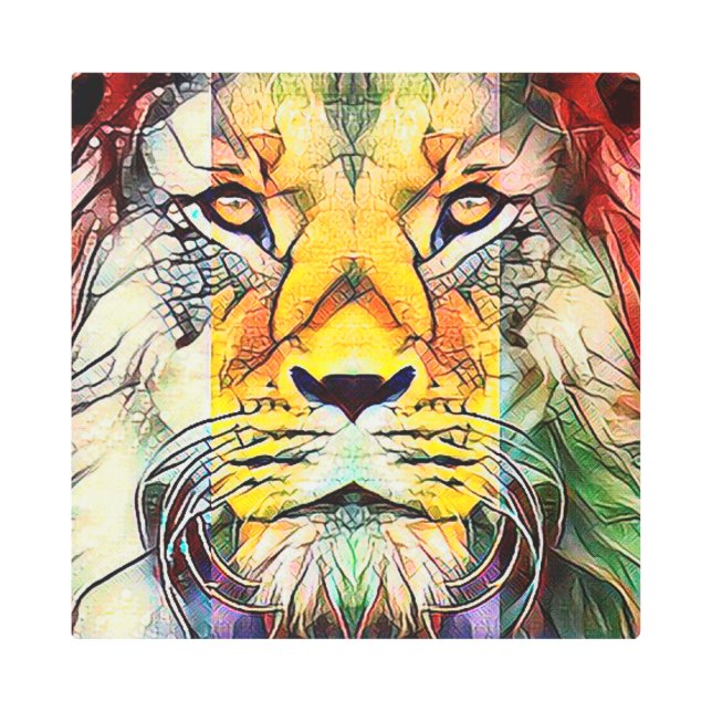 ドラマチックカラフルライオンワイルドライフポップ・アートのアートポートレート メタルプリント (正面)