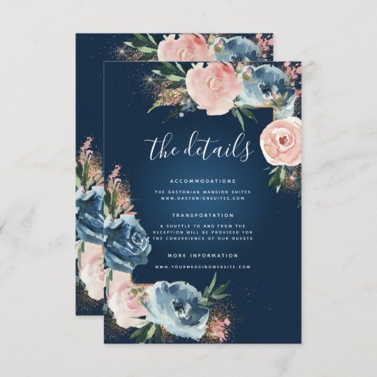 ドラマチックネイビーブルーアンド赤面フローラボホグリッター エンクロージャーカード (正面/裏面)