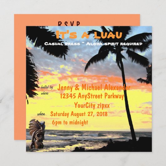 ドラマチックパームツリーサンセットルアウ(ハワイ式宴会) 招待状 (正面/裏面)