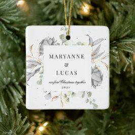 ドラマチック銀フローラモノグラム初めてのクリスマス セラミックオーナメント