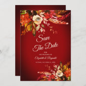 ドラマティックなレッドオータムフラワーのSave The Date 招待状 (正面/裏面)