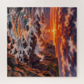 ドラマティックコーストラインの夕焼け崖の絵画 ジグソーパズル (横)