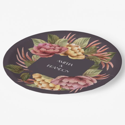 ドラマティックフローラカップルウェディングシャワー ペーパープレート (アングル)