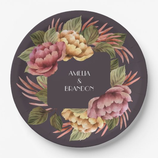 ドラマティックフローラカップルウェディングシャワー ペーパープレート (正面)