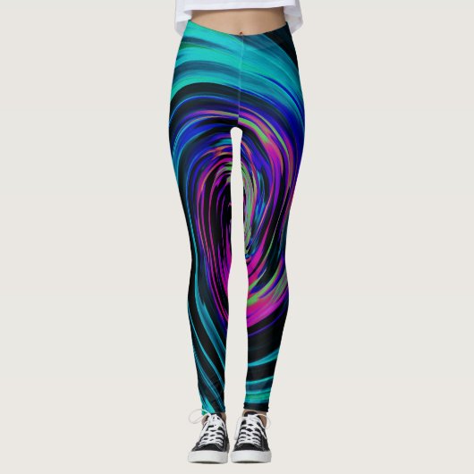 ドラマティックブラックとターコイズの抽象的なレトロツイスト レギンス (正面)