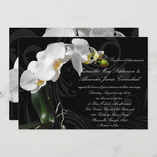 ドラマティックブラックフローラオーキッド結婚式招待状 招待状 (正面/裏面)