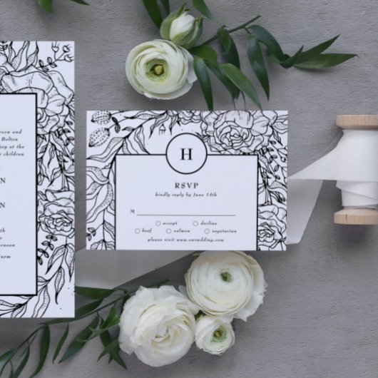 ドラマティックブラックモノグラム結婚リース 出欠カード