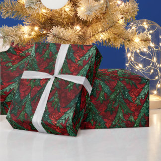 ドラマティック ゴシック 赤と緑のラメ入りクリスマスツリー ラッピングペーパー