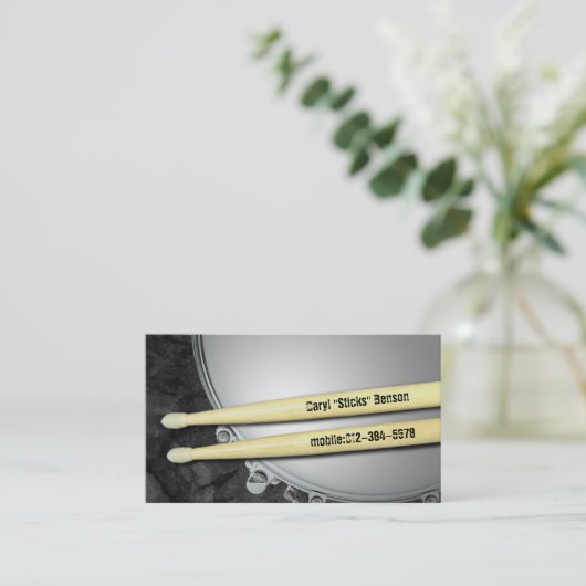 ドラマーのスネアとスティックミュージシャン名刺 名刺 (スタンド正面)