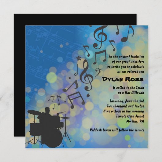 ドラマーの男の子のこうもりのバーの（ユダヤ教の）バル・ミツバーの招待状 招待状 (正面/裏面)